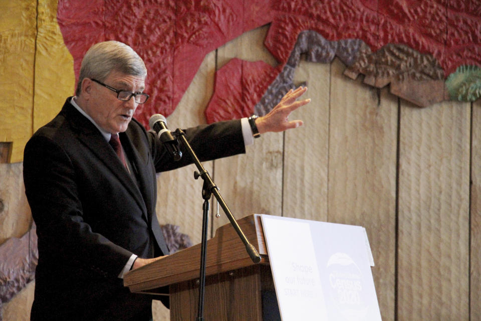 U.S. Census Bureau Director Steven Dillingham addresses state and Alaska Native leaders Friday, Jan. 17, 2020, in Anchorage, Alaska. Dillingham will travel to Toksook Bay, on an island just off Alaska's western coast, for the first count on Tuesday, Jan. 21, 2020. (AP Photo/Mark Thiessen)