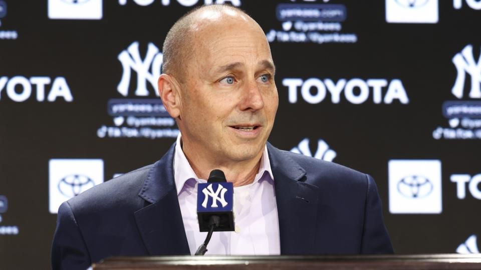 Dec 21, 2022; Bronx, New York, USA; Brian Cashman speaks during a press conference at Yankee Stadium. Mandatory Credit: Jessica Alcheh-USA TODAY Sports