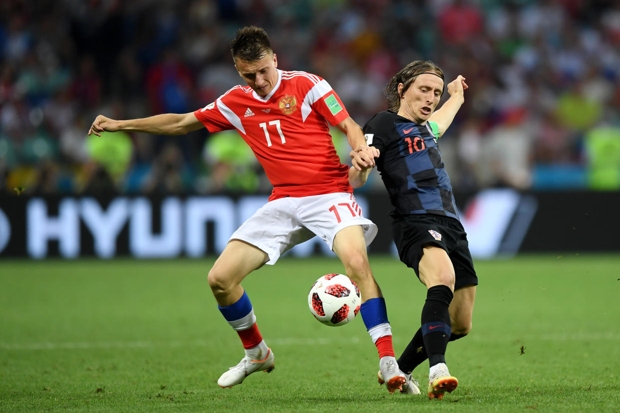 Aleksandr Golovin enter caption here> during the 2018 FIFA World Cup Russia Quarter Final match between Russia and Croatia at Fisht Stadium on July 7, 2018 in Sochi, Russia.