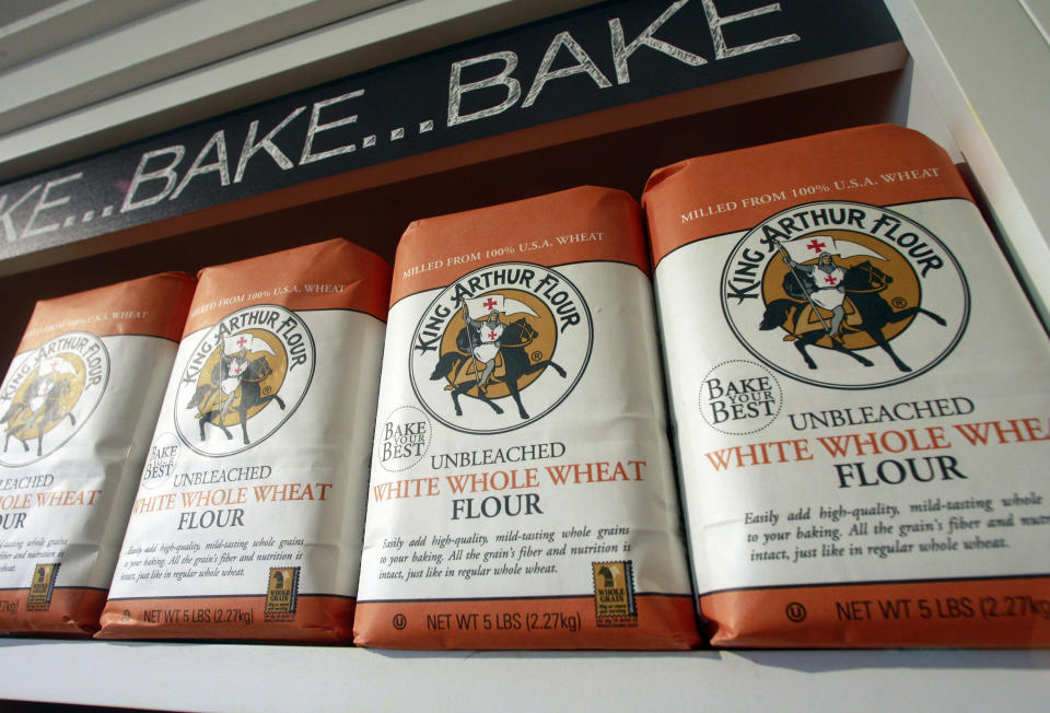 In this Monday, Aug. 27, 2013 photo, flour lines the shelves at King Arthur Flour Co. in Norwich, Vt. (AP Photo/Toby Talbot)