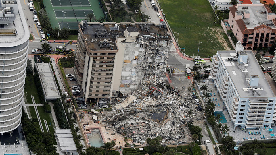 An aerial view showing a partially collapsed building in Surfside near Miami Beach, Florida, U.S., June 24, 2021. (Marco Bello/Reuters)