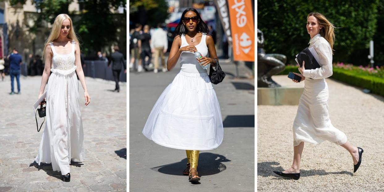 women walk around a street wearing white skirts to illustrate a guide to the best white midi maxi skirts 2023