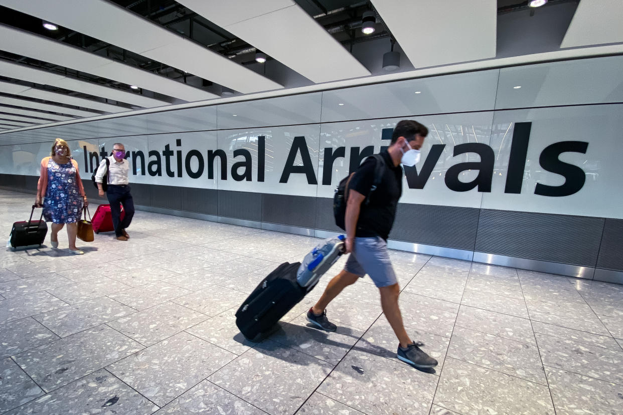Passengers in the arrivals hall at Heathrow Airport, London, after a flight from Croatia landed. The UK government announced that from 4am on Saturday travellers arriving in the UK from Croatia, Austria and Trinidad and Tobago will have to quarantine for 14 days on arrival.
