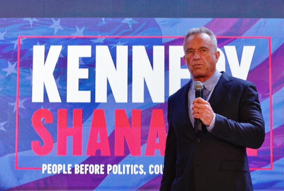 RFK Jr, pictured at a campaign event on 1 May, complained that Joe Biden and Donald Trump were ‘colluding’ to keep him out of this year’s presidential debates (AFP via Getty Images)