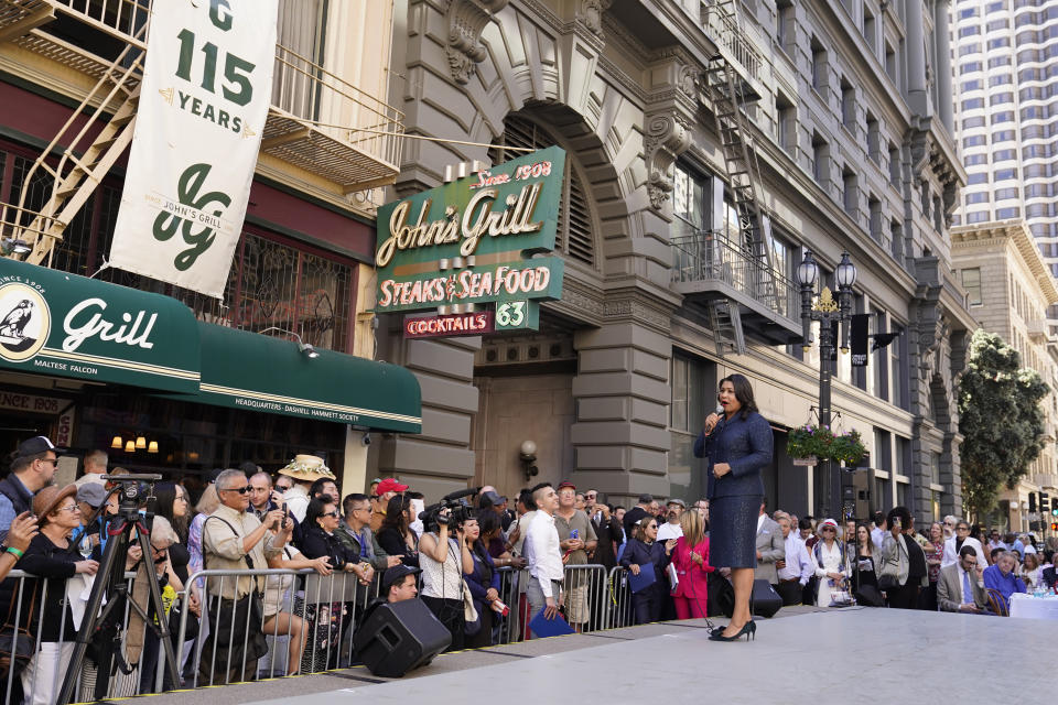 San Francisco Mayor London Breed pays tribute to the late Sen. Dianne Feinstein outside John's Grill in San Francisco, Wednesday, Oct. 4, 2023. The restaurant, which celebrated its 115th anniversary Wednesday with a free lunch and appearances by the mayor and other politicians, paid tribute to Sen. Feinstein who died last week. (AP Photo/Eric Risberg)