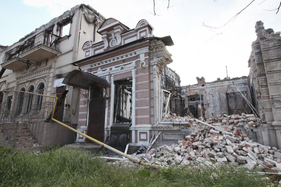 A view of a building destroyed during fighting in Mariupol, in territory under the government of the Donetsk People's Republic, eastern Ukraine, Wednesday, May 25, 2022. (AP Photo)