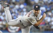 <p>Houston Astros starting pitcher Justin Verlander throws during the first inning of Game 2 of baseball’s World Series against the Los Angeles Dodgers Wednesday, Oct. 25, 2017, in Los Angeles. (AP Photo/Jane Kamin-Oncca, Pool) </p>