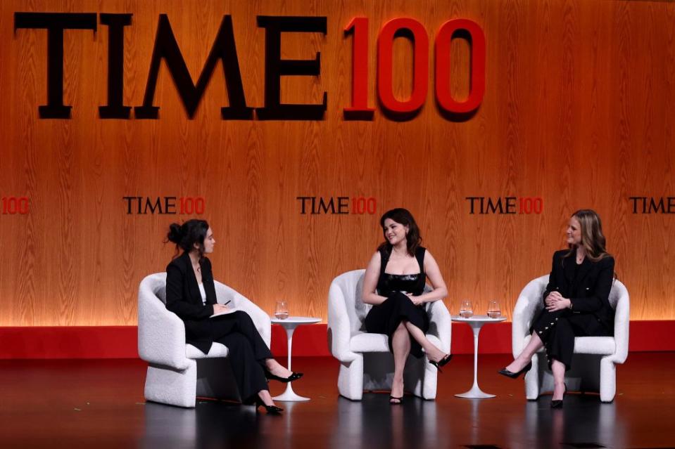 NEW YORK, NEW YORK - APRIL 24: (L-R) Lucy Feldman, Selena Gomez, and Elyse Cohen speak onstage during the 2024 TIME100 Summit at Jazz at Lincoln Center on April 24, 2024 in New York City. (Photo by Jemal Countess/Getty Images for TIME )