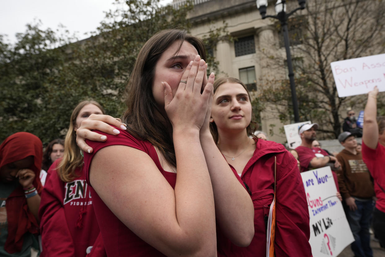 Maggie Williams wipes away tears as she is comforted by Ruby Barton at the March for Our Lives anti gun violence protest outside the State Capitol in Nashville, Tenn., on Monday, April 3, 2023. (AP Photo/George Walker IV)