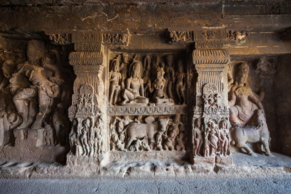 Relief carvings at Kailasa or Kailash Temple at the Ellora Caves in Maharashtra, India