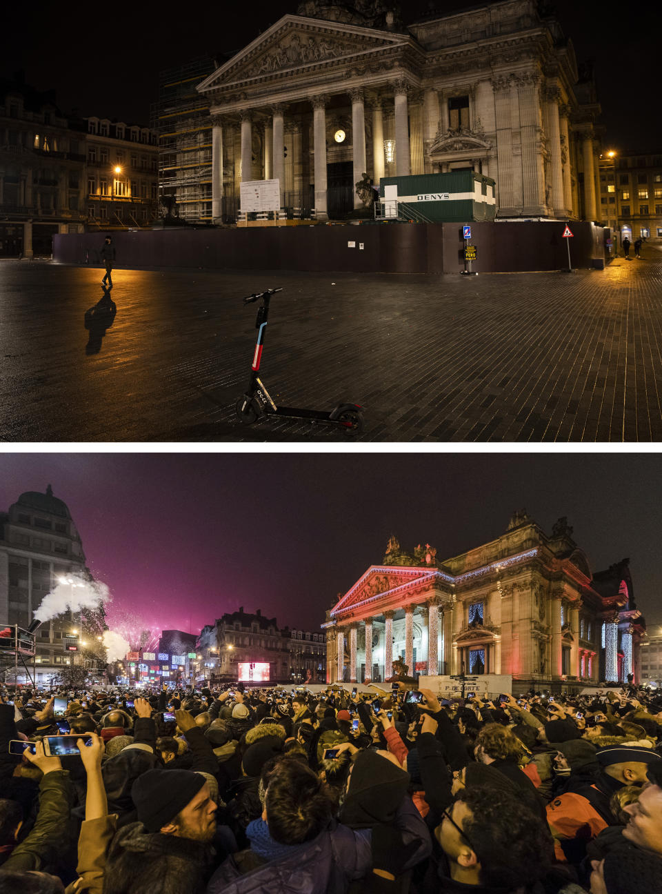 A combo of images that shows an empty historic center in Brussels on Thursday Dec. 31, 2020 and the same location full of revelers celebrating the New Year early on Sunday, Jan. 1, 2017. As the world says goodbye to 2020, there will be countdowns and live performances, but no massed jubilant crowds in traditional gathering spots like the Champs Elysees in Paris and New York City's Times Square this New Year's Eve. The virus that ruined 2020 has led to cancelations of most fireworks displays and public events in favor of made-for-TV-only moments in party spots like London and Rio de Janeiro. (AP Photo/Francisco Seco and Geert Vanden Wijngaert)