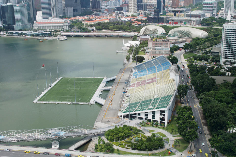 (GERMANY OUT) The Float and Seating Gallery at Marina Bay, One Fullerton Hotel, Theatres by the bay, Helix Bridge, taken from Singapore Flyer, Observation Wheel, 26.02.13  (Photo by Dagmar Scherf/ullstein bild via Getty Images)