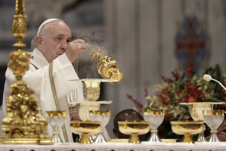 Pope Francis celebrates an Epiphany Mass in St. Peter's Basilica at the Vatican, Monday, Jan. 6, 2020. (AP Photo/Andrew Medichini)