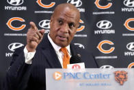 Chicago Bears new President & CEO Kevin Warren points as he speaks during an NFL football news conference at Halas Hall in Lake Forest, Ill., Tuesday, Jan. 17, 2023. (AP Photo/Nam Y. Huh)