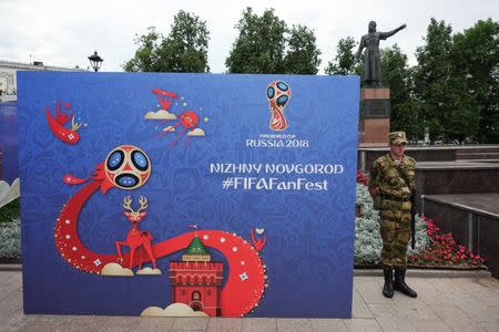 A soldier stands near the Fan Fest in Nizhny Novgorod, Russia, June 30, 2018. REUTERS/Damir Sagolj