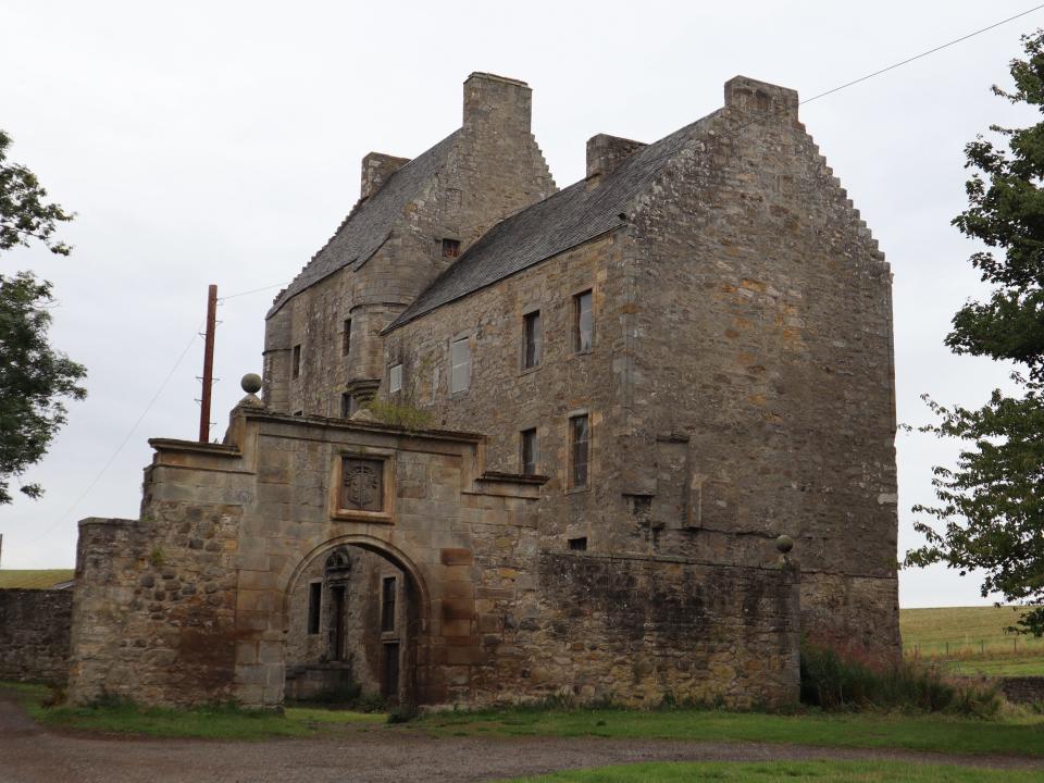 Exterior view of Midhope Castle in Scotland.