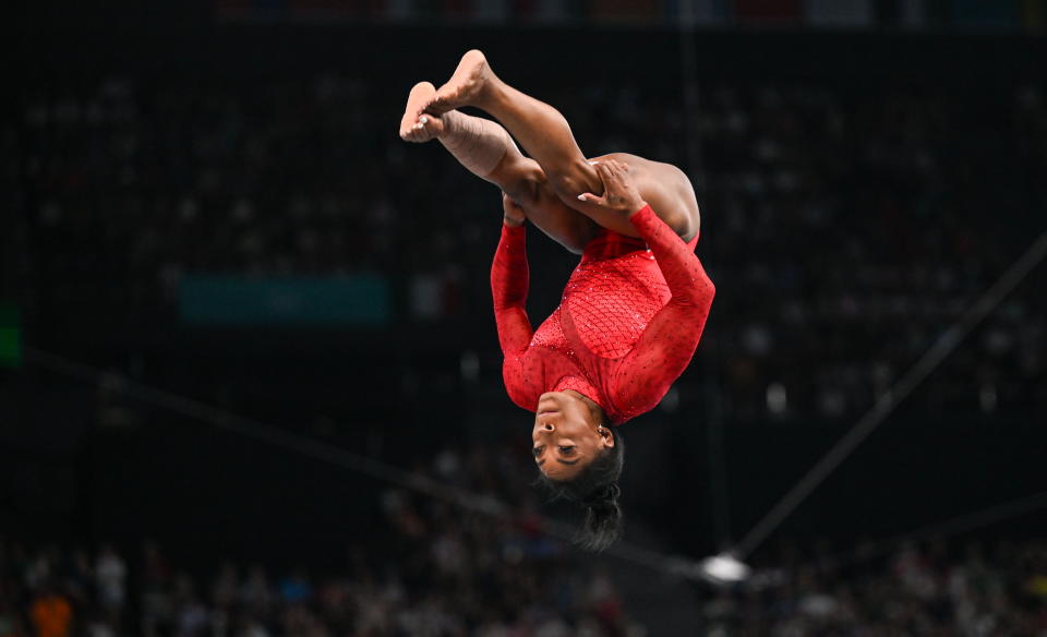 Paris , France - 3 August 2024; Simone Biles of Team United States during the Women's Vault Final at the Gymnastics Bercy Arena during the 2024 Paris Summer Olympic Games in Paris, France. (Photo By David Fitzgerald/Sportsfile via Getty Images)