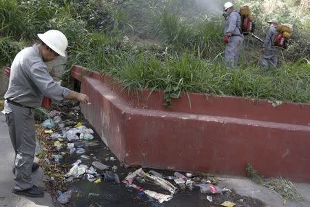 A health worker (L) puts a chemical compound into a puddle to kill mosquito larvae as others fumigate the Valle slum to help control the spread of the mosquito-borne Zika virus in Caracas, January 28, 2016. REUTERS/Marco Bello