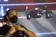 Mercedes driver Lewis Hamilton of Britain attends a media conference at the Hungaroring racetrack in Mogyorod, Hungary, Thursday, July 29, 2021. The Hungarian Formula One Grand Prix will be held on Sunday. (Florion Goga/Pool via AP)