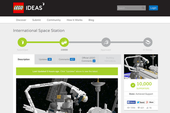 Christoph Ruge's LEGO replica of the International Space Station reached 10,000 votes on LEGO Ideas on April 3, 2015.