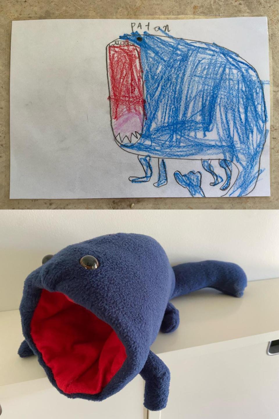 A drawing of a monster and the monster made into a toy that looks exactly like it