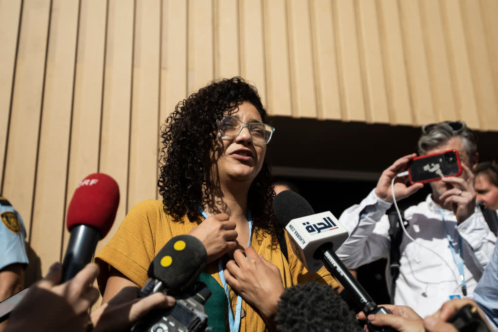 Sanaa Seif, sister of Egyptian-British jailed activist Alaa Abdel-Fattah, who is on a hunger and water strike, gives a statement after her press conference on Alaa situation during the 2022 U.N Climate Change Conference COP27 at the International Convention Center.