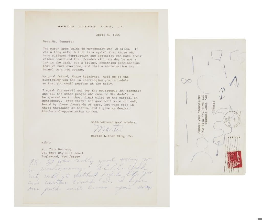 A heartfelt note of appreciation from Martin Luther King Jr. for Bennett’s performance at the 1965 civil rights march from Selma to Montgomery, Ala. is valued at $20,000 to $30,000.