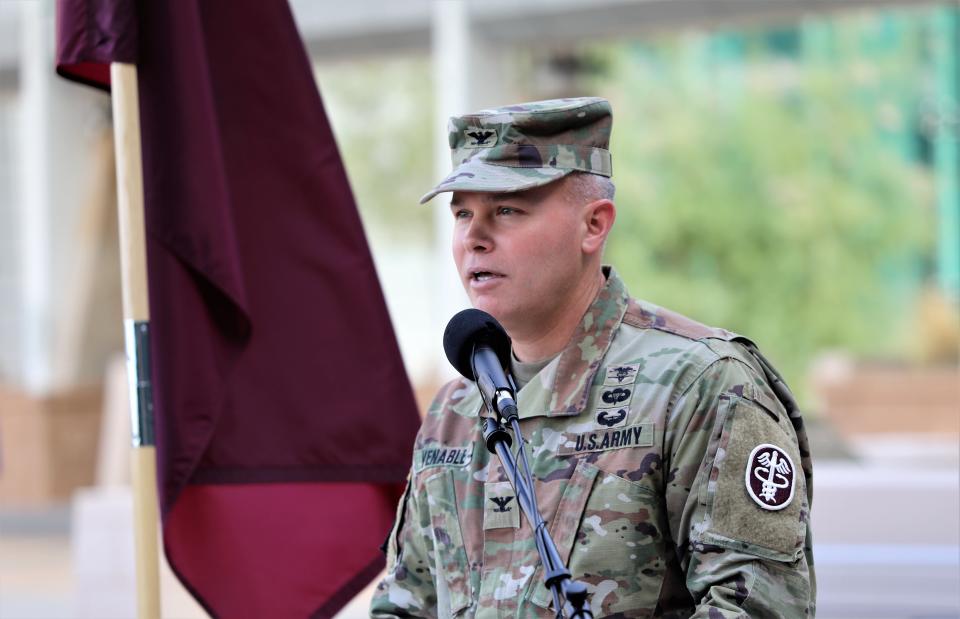 Army Col. Brett Venable, outgoing commander of William Beaumont Army Medical Center, speaks at the change of command ceremony Thursday outside the Fort Bliss medical complex in East El Paso.