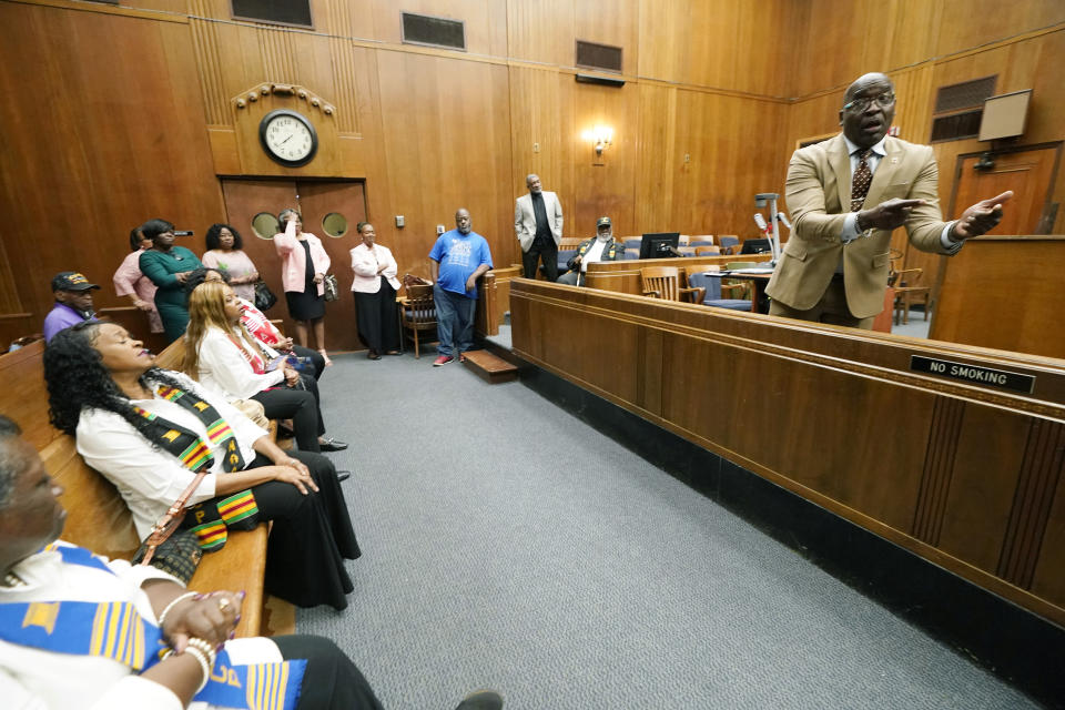 Larry Bradford, Democratic nominee for Mississippi State Auditor, right, speaks at a candidates forum, sponsored by the Vicksburg branch of the NAACP, and several local chapters of National Pan-Hellenic Council members, Oct. 26, 2023, in Vicksburg, Miss. (AP Photo/Rogelio V. Solis)