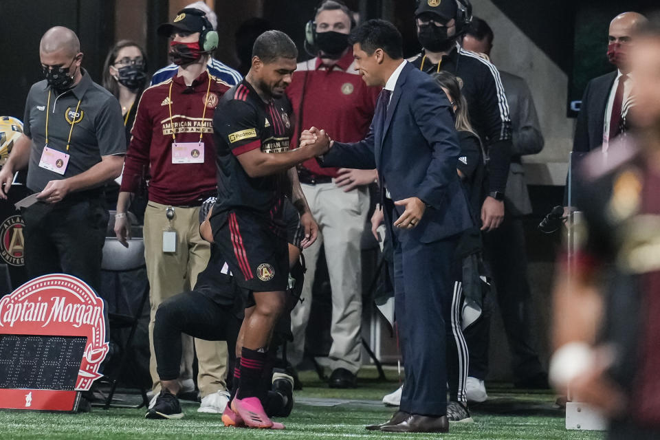 Atlanta United star Josef Martinez and manager Gonzalo Pineda (center) will face New York City FC to open the MLS Cup playoffs. (Dale Zanine-USA TODAY Sports)