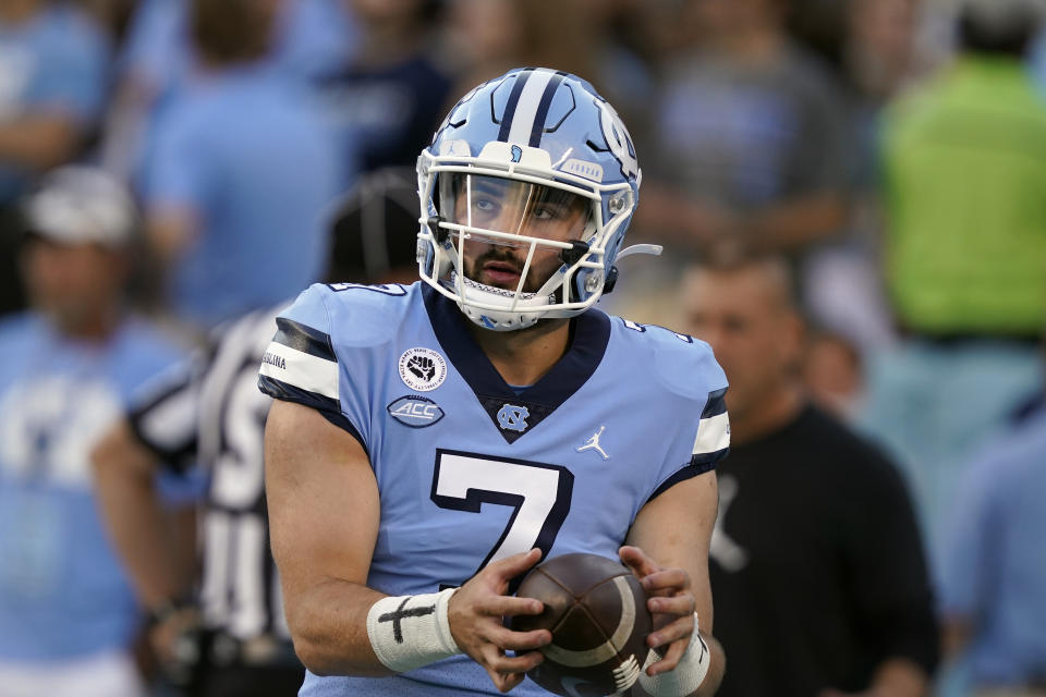 North Carolina quarterback Sam Howell was in control from the start against Virginia. (AP Photo/Gerry Broome)