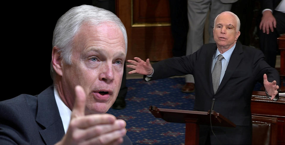 Sen. Ron Johnson, R-Wis., and a still image from video of Sen. John McCain, R-Ariz., speaking on the floor of the Senate after returning to Washington for a vote on health care reform, July 25, 2017. (Photos: AP; Senate TV via Reuters)