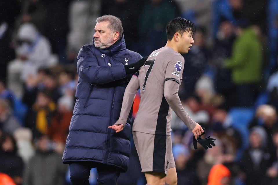 Tottenham manager Ange Postecoglou (left) and forward Son Heung-Min at the English Premier League match against Manchester City at Etihad Stadium. 