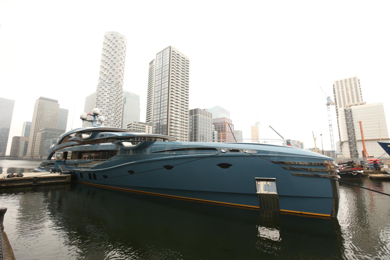 The superyacht Phi owned by a Russian businessman in Canary Wharf, east London which has been detained as part of sanctions against Russia. The vessel is the first to be detained in the UK under sanctions imposed because of the war in Ukraine. Picture date: Tuesday March 29, 2022.
