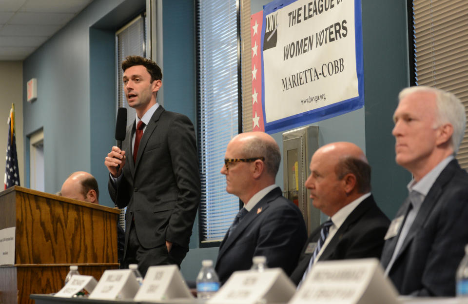 Democratic candidate Jon Ossoff speaks during the League of Women Voters' candidate forum for Georgia's 6th Congressional District special election to replace Tom Price, who is now the secretary of Health and Human Services, in Marietta, Georgia, U.S. April 3, 2017. Picture taken April 3, 2017. REUTERS/Bita Honarvar