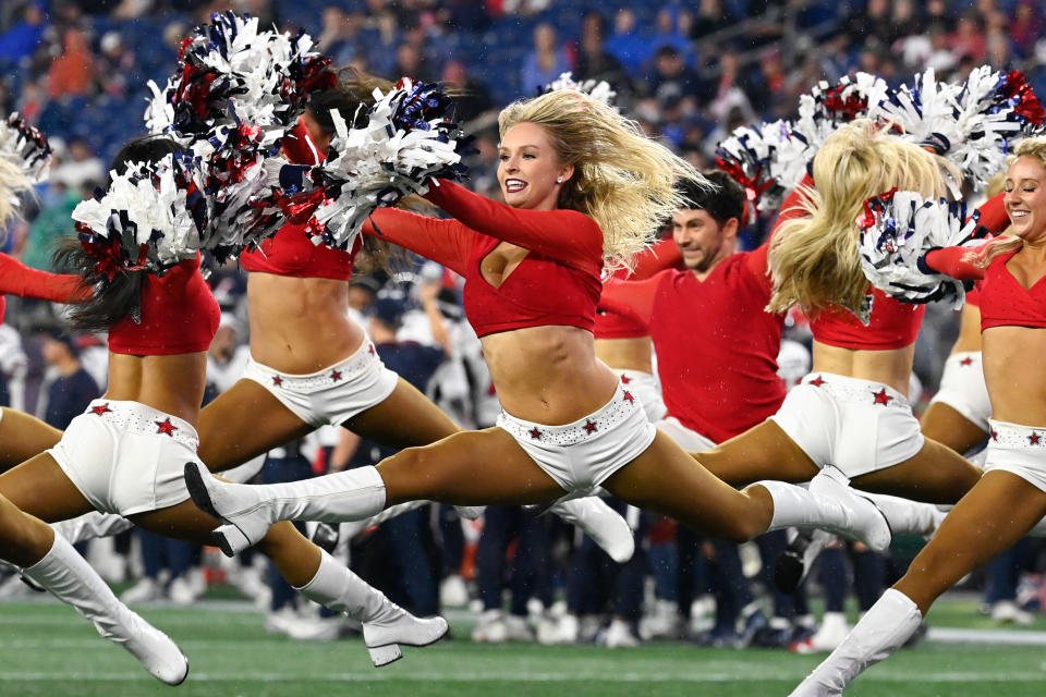 Aug 10, 2023; Foxborough, Massachusetts, USA; New England Patriots Cheerleaders entertain fans during the second half against the Houston Texans at Gillette Stadium. Mandatory Credit: Eric Canha-USA TODAY Sports