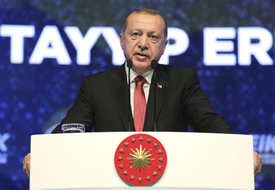 Turkey's President Recep Tayyip Erdogan addresses a Turkey-Africa business forum in Istanbul, Wednesday, Oct. 10, 2018. (Presidential Press Service via AP, Pool)