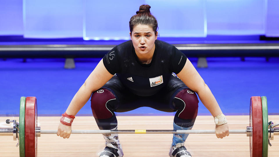 Belgium's Anna Vanbellinghen gets ready to compete in a weightlifting event.