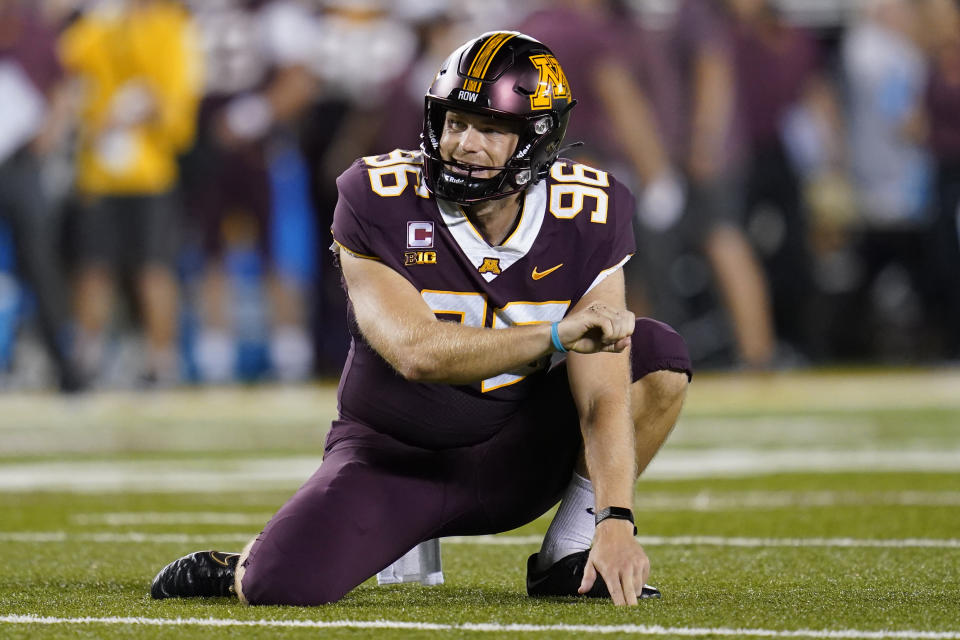 FILE - Minnesota punter Mark Crawford lines up for play during the second half of an NCAA college football game against New Mexico State Thursday, Sept. 1, 2022, in Minneapolis. From Rutgers standout Adam Korsak to Minnesota's Mark Crawford, half of the primary punters in the Big Ten this season are products of Prokick Australia. (AP Photo/Abbie Parr, File)