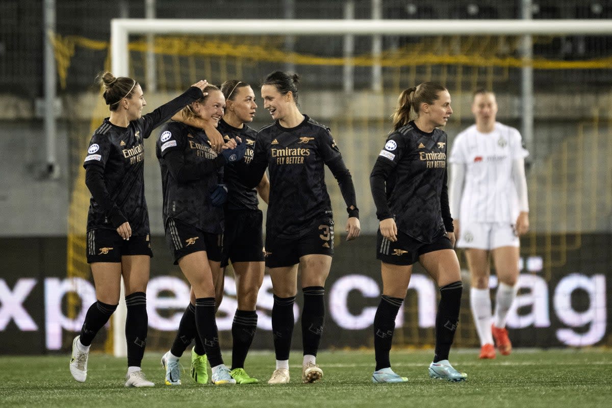 Frida Maanu hit a hat-trick in Arsenal’s 9-1 Champions League triumph to secure top of Group C (Ennio Leanza/AP) (AP)