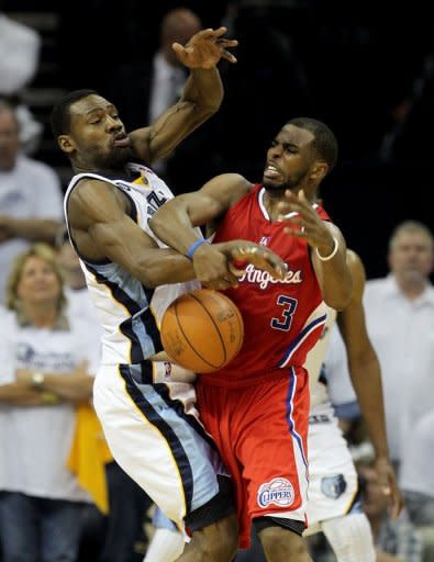 Chris Paul (R) of the Los Angeles Clippers and Memphis Grizzlies's Tony Allen fight for the ball in game one of the NBA Western Conference first-round series on April 29. The Clippers beat the Grizzlies 99-98