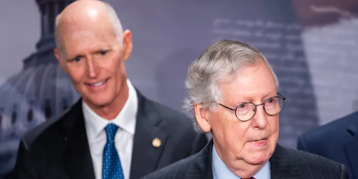Senate Minority Leader Mitch McConnell and Republican Sen. Rick Scott of Florida at a press conference on Capitol Hill on September 22, 2021.