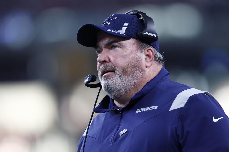 Head coach Mike McCarthy of the Dallas Cowboys looks on from the sideline during the second quarter against the Arizona Cardinals at AT&T Stadium on January 02, 2022 in Arlington, Texas.