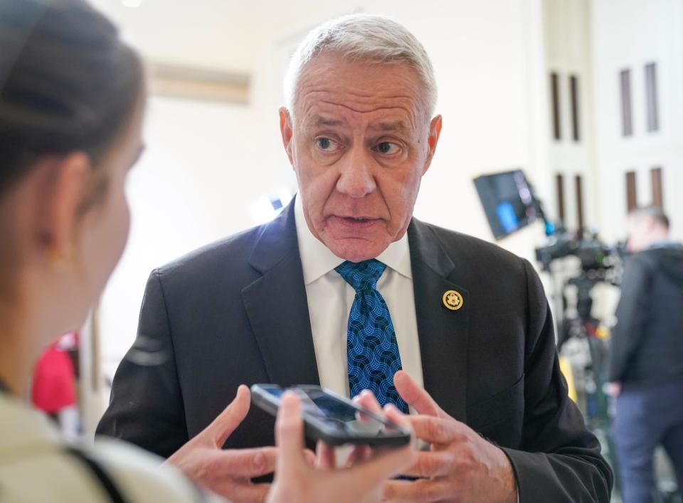 Rep. Ken Buck (R-Colo.) speaking to reporters on Tuesday, Feb 13, 2024 after House Republicans narrowly secured a historic vote to impeach Homeland Security Secretary Alejandro Mayorkas, rallying GOP members after a first failed effort.
