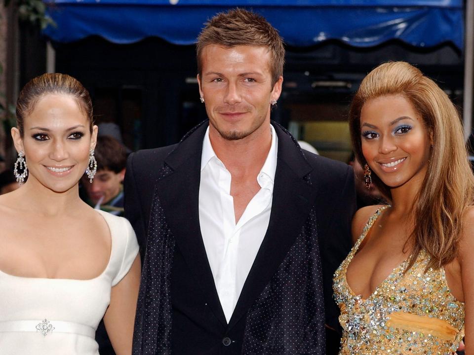 Jennifer Lopez, Beyonce Knowles and David Beckham attend the Premiere of the new Pepsi Advertisement in February 2005.