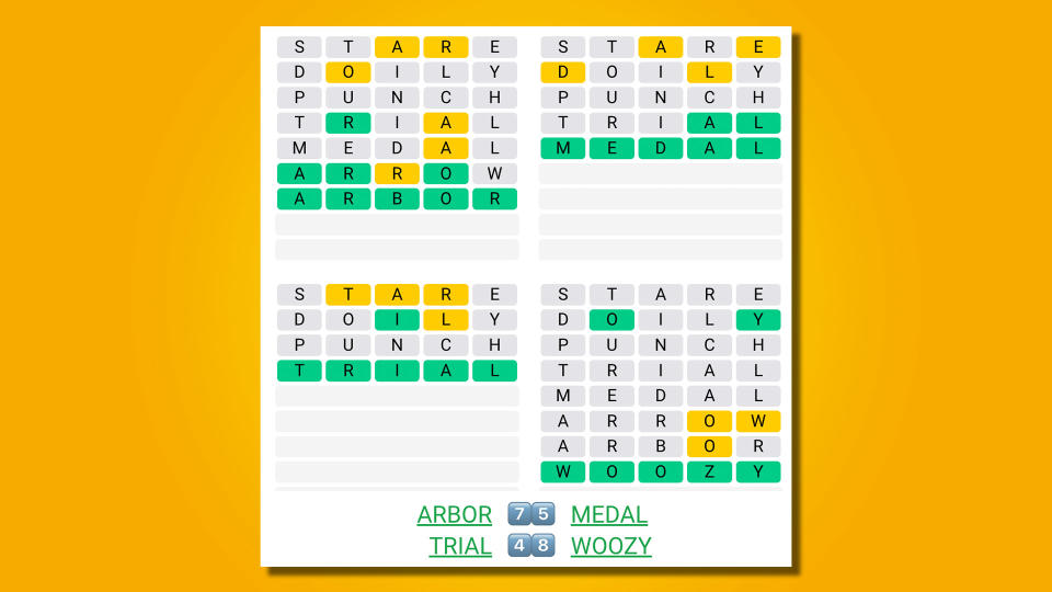 Quordle answers for game 480 on a yellow background