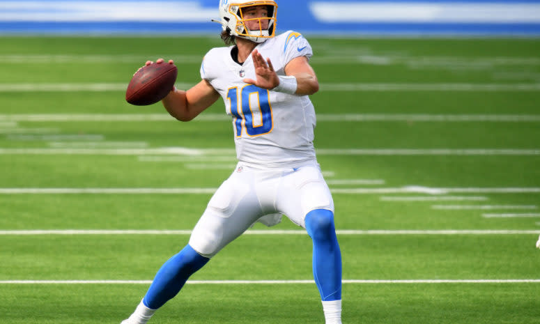 Los Angeles Chargers quarterback Justin Herbert prepares to throw. He stepped in for the injured Tyrod Taylor in Week 2.