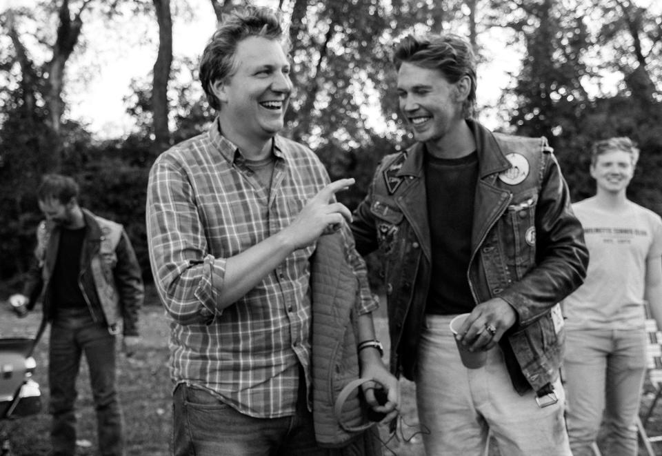 Director Jeff Nichols and actor Austin Butler on the set of "The Bikeriders."