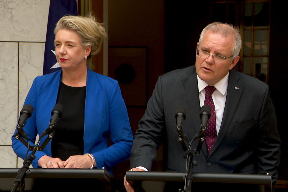 Minister for Agriculture Bridget McKenzie and Prime Minister Scott Morrison speak to the media during a press conference at Parliament House in Canberra this month. Source: AAP