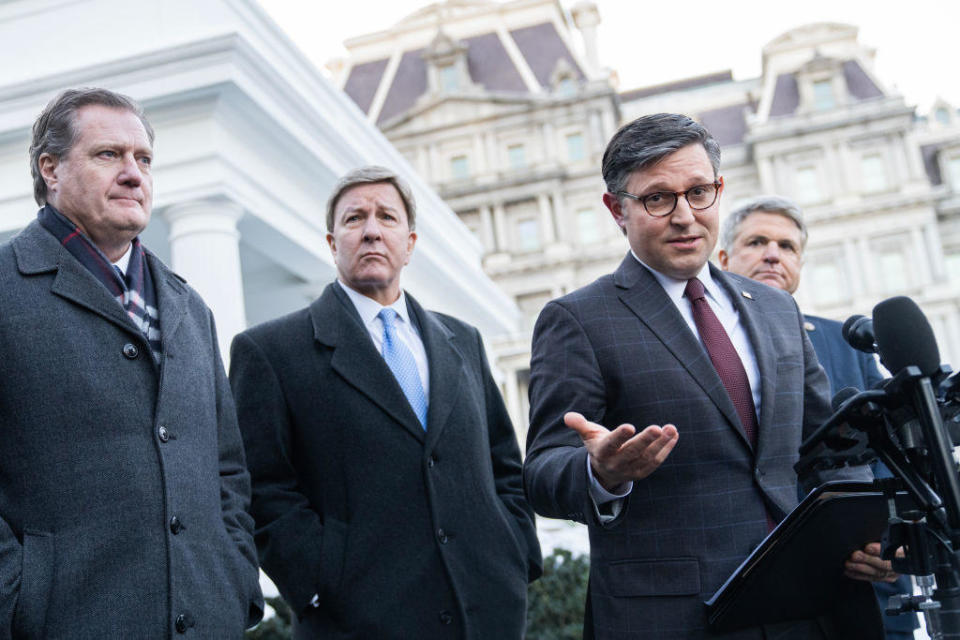 From left, Rep. Mike Turner, Rep. Mike Rogers, Speaker of the House Mike Johnson and Rep. Michael McCaul address the media after a meeting with President Biden at the White House on Wednesday, Jan. 17, 2024.  / Credit: Tom Williams/CQ-Roll Call, Inc via Getty Images